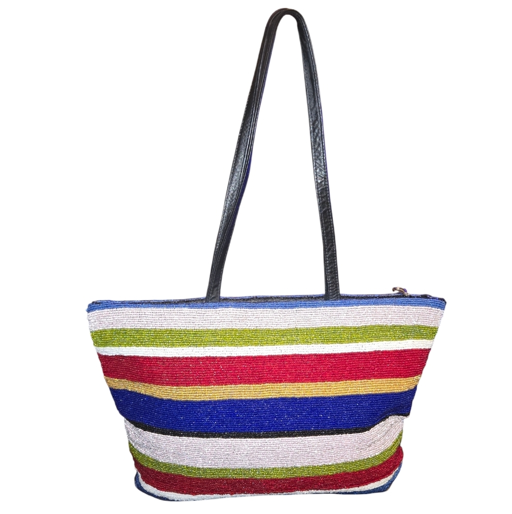 Suzanna Layne Vintage Horizontal Multicolored Stripe Fully Beaded Tote 13"X9.75"